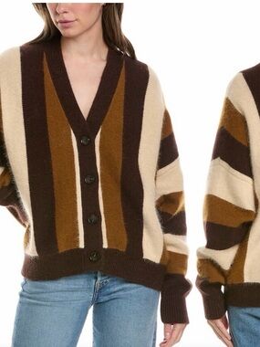 THE GREAT. Striped V-Neck Button Cardigan - Brown/Cream/Tan